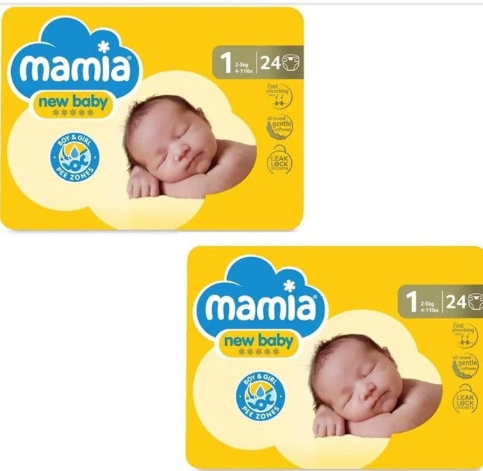 ALDI Mamia Newborn Nappies, Size 1, 2 x Packs of 24 (48 Nappies)